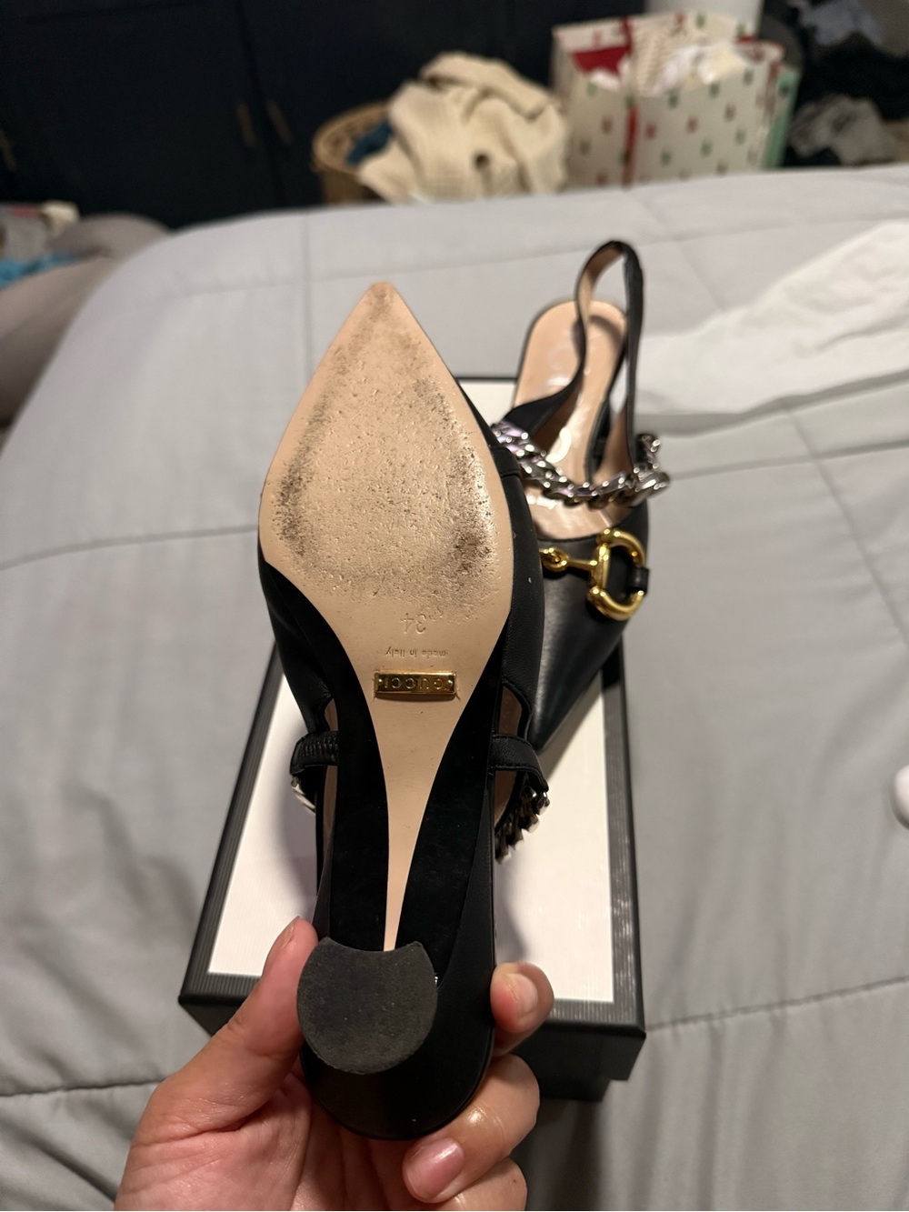 Gucci Black Leather Pointed Slingback Pump with Gold Chain